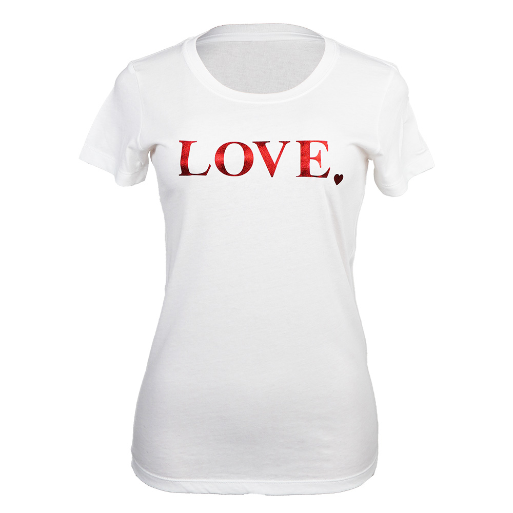 Love – Mirror Red – Ladies White Tee – Shirtsy – On Demand Tee Printing